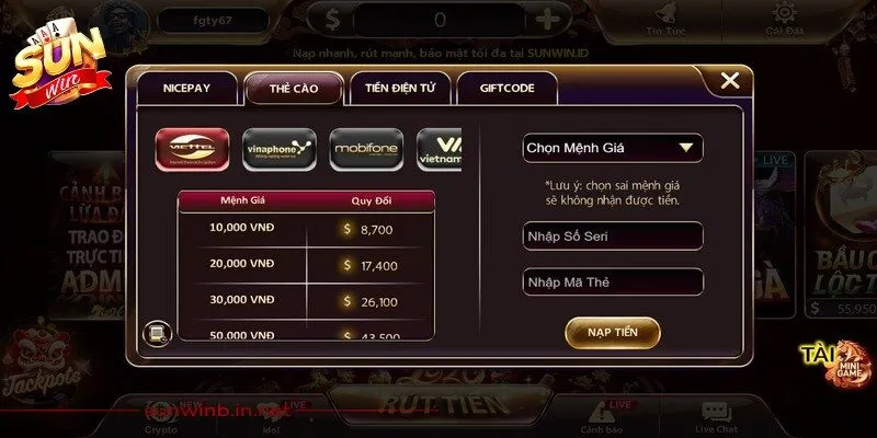 Hoàn tất giao dịch nạp tiền Sunwin và sử dụng dịch vụ tại hệ thống